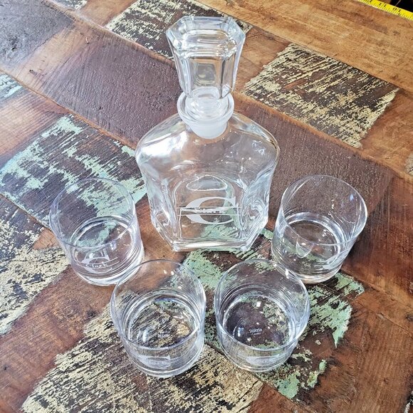 Stolzle Lausitz Bourbon Whisky Decanter And 4 Glasses Set Etched CLARK Monogram - Picture 2 of 9